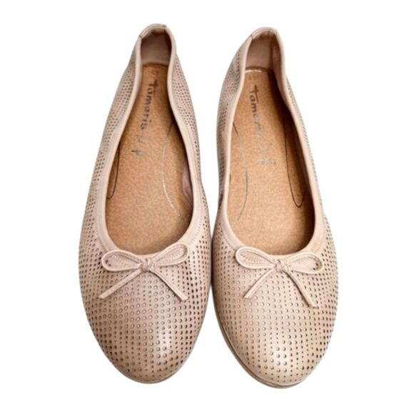 Tamaris Ballet Flats Perforated Leather Bow Accent Slip On Shoes Size 9.5 - Picture 1 of 8